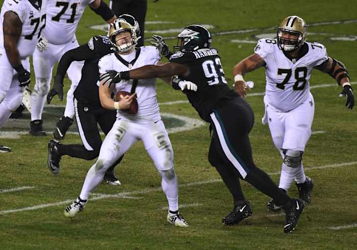 New Orleans Saints quarterback Taysom Hill (7) is pressured by Philadelphia Eagles nose tackle Javon Hargrave (93). Mandatory Credit: James Lang-USA TODAY Sports